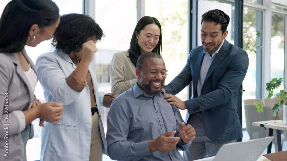 Black man, applause or happy business people with success, goals or sale target achievement. Team clapping, group support or excited colleagues in celebration of winning deal in startup on laptop