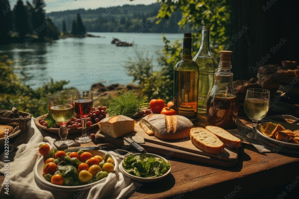 A Serene Lakeside Picnic: A Bird's Eye View of a Checkered Blanket, Fresh Fruits, Bread, and Wine Generative AI