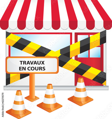 Boutique commerce en travaux. Plots et panneau travaux en cours. Illustration vectorielle.