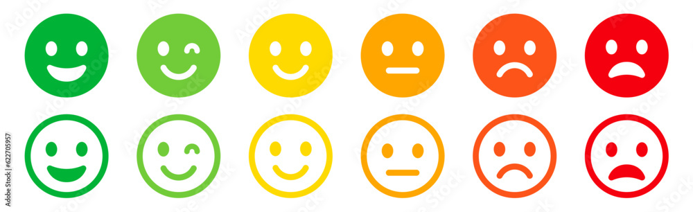 Emoticons icons set. Emoji faces collection. Emojis flat style. Happy happy, smile, neutral, sad and angry emoji. Line smiley face - stock vector - obrazy, fototapety, plakaty 