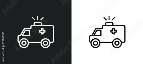 big ambulance facing left outline icon in white and black colors. big ambulance facing left flat vector icon from mechanicons collection for web, mobile apps and ui.