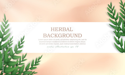 Beige web banner with realistic twigs with green leaves in the corner. Poster, herbal background with olive tree branches. Wallpaper with herbs, foliage and text. 