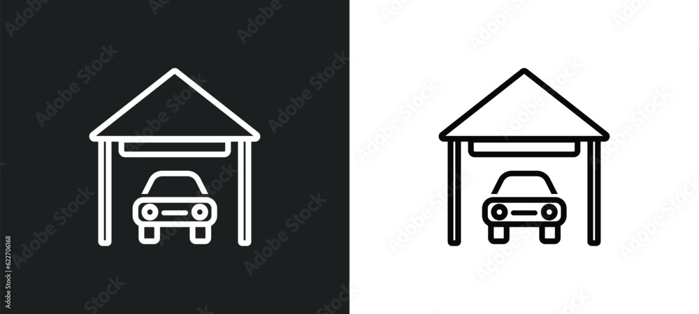 car inside a garage outline icon in white and black colors. car inside a garage flat vector icon from mechanicons collection for web, mobile apps and ui.