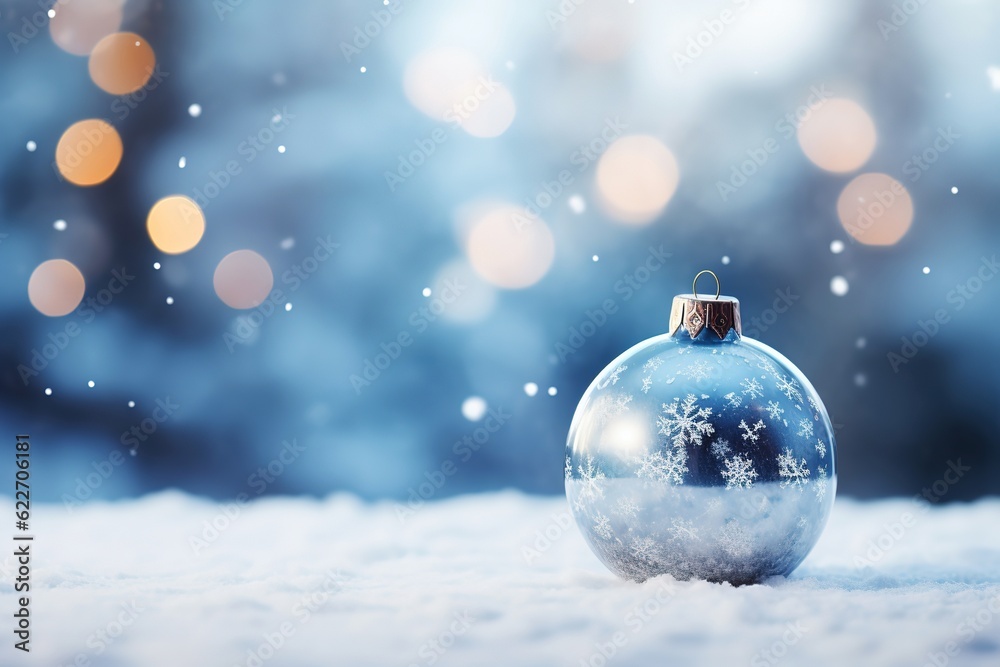 Christmas and New Year background with Copy Space. Christmas Ornament balls on the snow and bokeh background Christmas and New Year background with Copy Space. Christmas Ornament balls on the snow and bokeh background