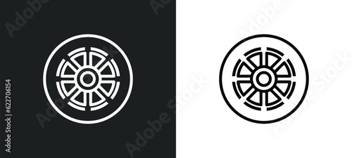 cart wheel outline icon in white and black colors. cart wheel flat vector icon from mechanicons collection for web, mobile apps and ui.