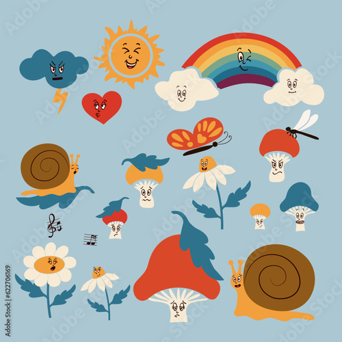 Groovy retro emoticons collection. Trendy vintage characters in flat cartoon style. Snail, daisies, mushrooms, fungus, sun, clouds, rainbow. Perfect for decoration, greeting cards, postcards stickers photo