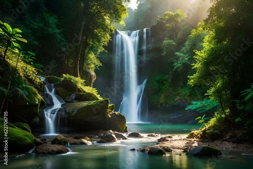 A majestic waterfall in the hurt of a lush jungle - generative ai technology
