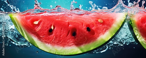 Slice of watermelon floating in clear water pool, panorama. Generative AI.