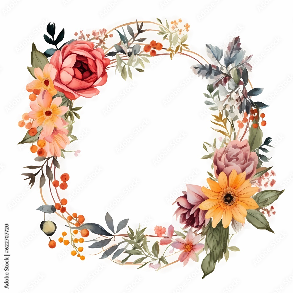 wreath of flowers, frame of flowers on white background, generated Ai