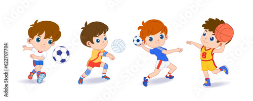 Happy children playing sport game, doing physical exercise. Training set. Active healthy childhood. Flat vector cartoon illustration isolated on white background