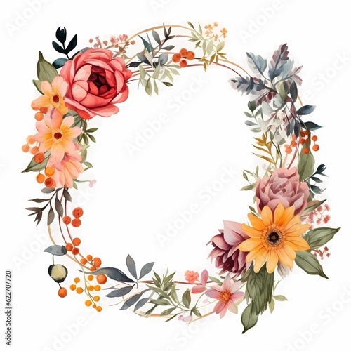 wreath of flowers, frame of flowers on white background, generated Ai © hkdesign