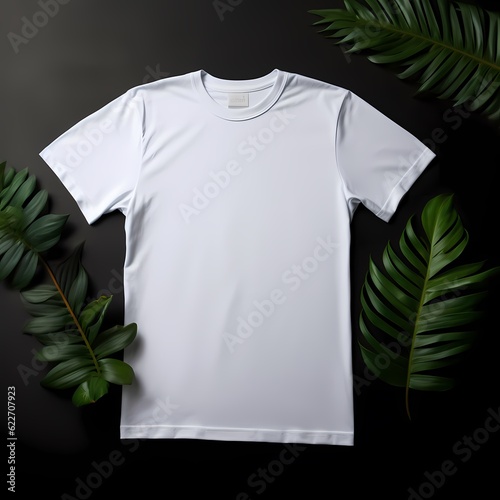 t shirt template, mockup white tshirt on gray with green leaves background, generated Ai
