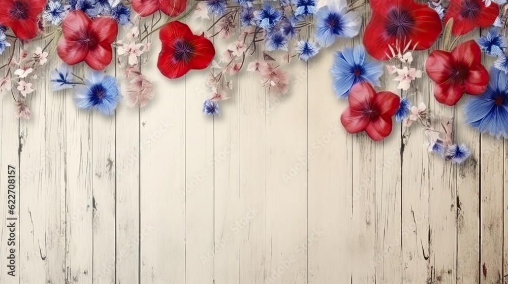 red and blue flowers with wooden background copy space for text