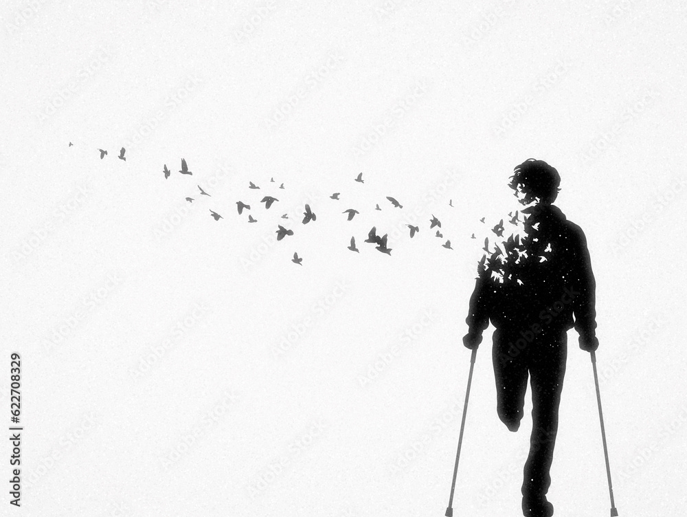Man on crutches. Death and afterlife. Flying bird. Abstract silhouette - obrazy, fototapety, plakaty 