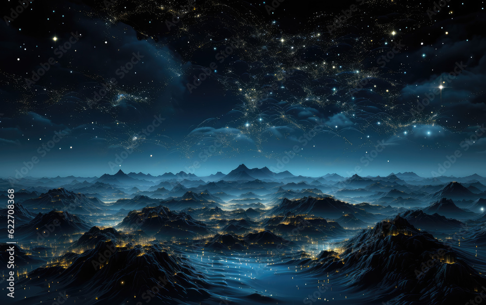 A celestial-like scene composed of data particles arranged in intricate constellations, forming a mesmerizing network of interconnected information, reminiscent of the stars in the night AI Generative
