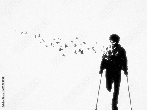 Man on crutches. Death and afterlife. Flying bird. Abstract silhouette