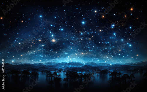 A celestial-like scene composed of data particles arranged in intricate constellations, forming a mesmerizing network of interconnected information, reminiscent of the stars in the night AI Generative © 3DLeonardo