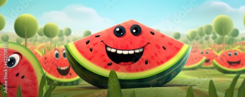 Smilling red fresh watermelon with black seeds in,  summer healthy food panorama. Generative Ai.