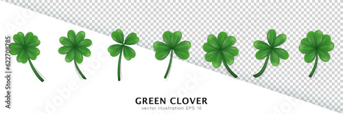 Set of realistic vector green clovers various shape isolated on transparent background. Different cartoon trefoil as an Irish symbol, sign of luck. Plant with leaves, shamrock for Saint Patrick Day