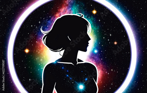 Woman silhouette in space with stars and nebula. The concept of God in the image of a female against the background of the universe. Generative AI.