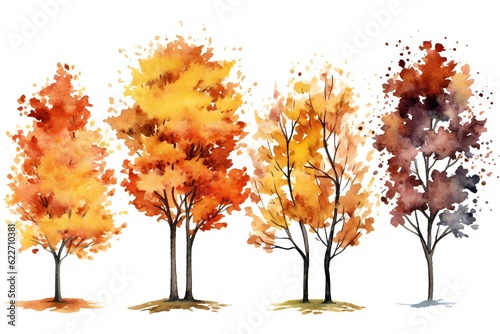 Watercolor autumn trees clip art on white background Generative AI  © LayerAce.com