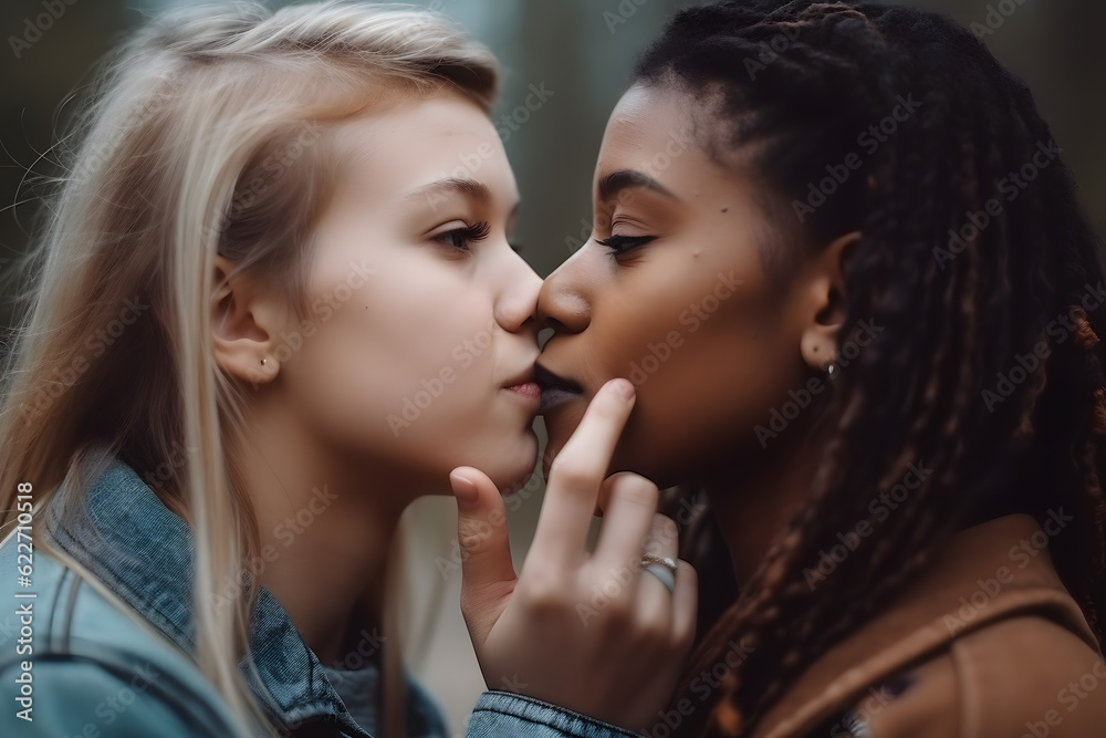 Beautiful young lesbian couple kissing passionately.. Generative AI