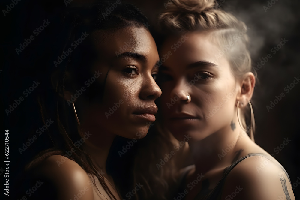 Beautiful young lesbian couple embracing passionately. Generative AI Beautiful young lesbian couple embracing passionately. Generative AI
