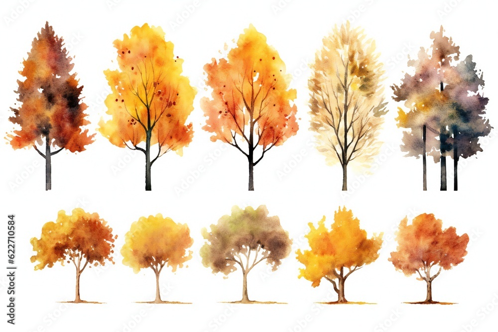 Watercolor autumn trees clip art on white background Generative AI 