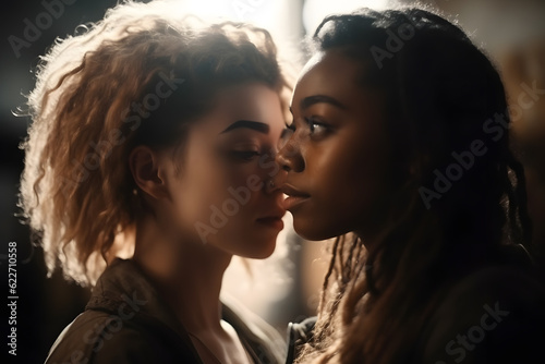 Beautiful young lesbian couple embracing passionately. Generative AI