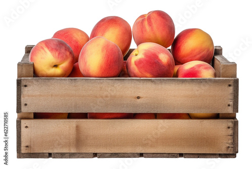 Peaches in a rustic wooden crate . transparent background