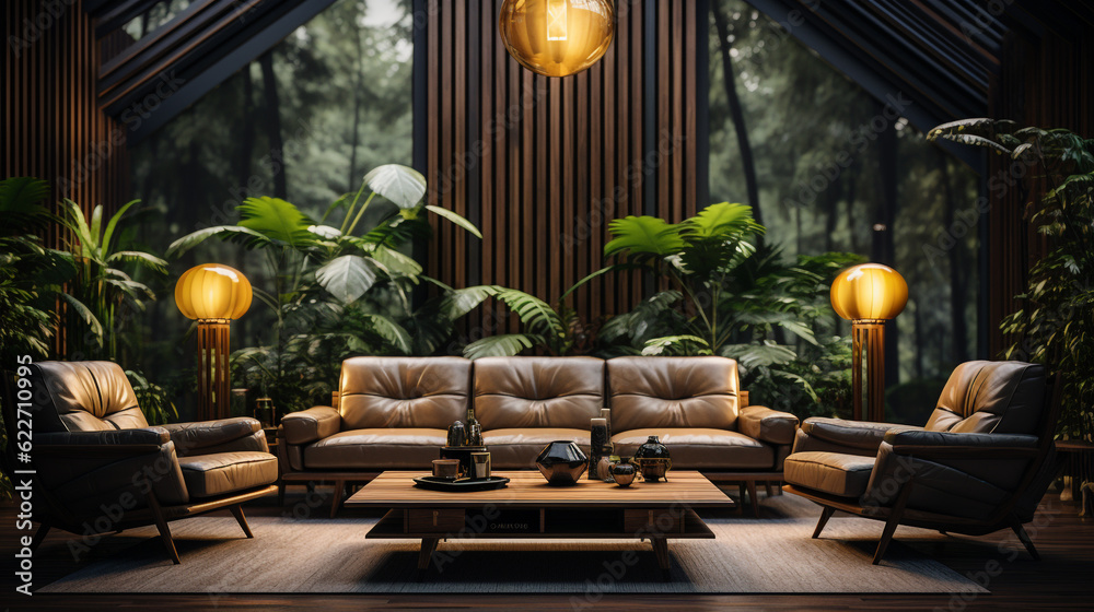 A luxury living room with vertical wooden slats on the back wall. Decorated with neon lights integrated with wall design, wall lights and indoor plants.
