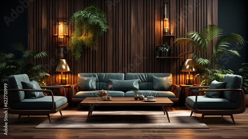 A luxury living room with vertical wooden slats on the back wall. Decorated with neon lights integrated with wall design  wall lights and indoor plants. 