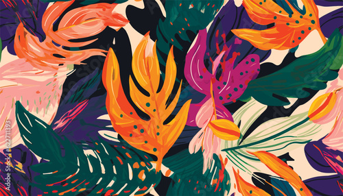 Modern exotic jungle plants illustration pattern. Creative collage contemporary floral seamless pattern. Fashionable template for design