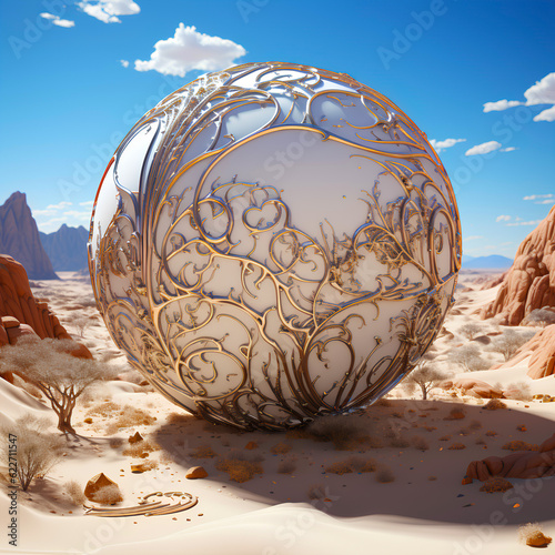 Obraz na płótnie White surreal sphere with metallic ornaments in the desert w salonie