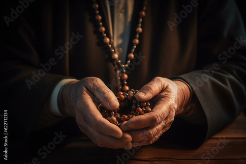 Detailed close - up of a pair of hands holding a weathered rosary, softly illuminated against a dark, muted background, suggesting devout Catholic faith, shallow depth of field