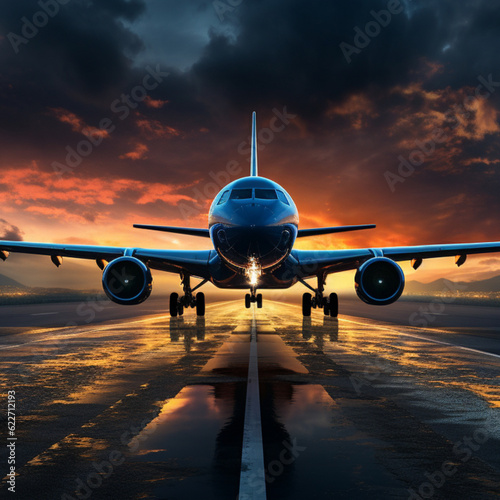 Fototapete airplane landing at sunset