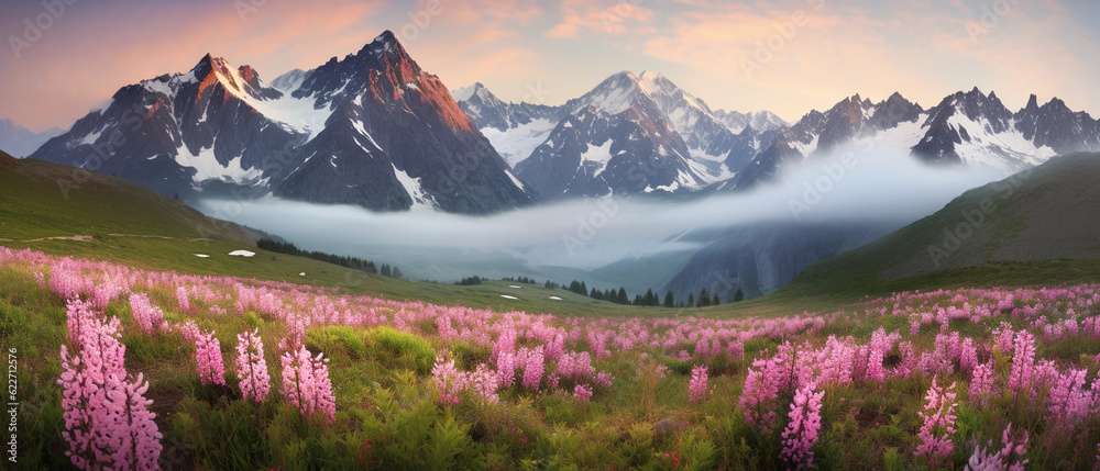 Majestic mountain range at sunrise, snow - capped peaks glowing pink, vast valley filled with morning mist, foreground of blooming wildflowers