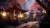 A beautifully lit ancient Buddhist temple, lost in a mystic forest, detailed stone carvings, calm and serene atmosphere, hints of gold, cherry blossom trees in full bloom around