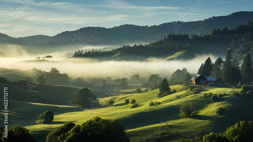 Wide panoramic view of a lush, misty valley, quaint farmhouse nestled among rolling hills, morning light