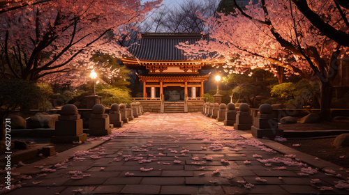 A beautifully lit ancient Buddhist temple  lost in a mystic forest  detailed stone carvings  calm and serene atmosphere  hints of gold  cherry blossom trees in full bloom around