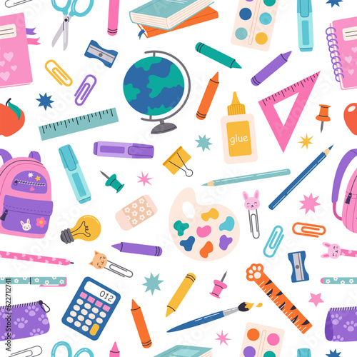 Vector seamless pattern from school supplies in hand drawn style. Back to school. Backpack, globe, pencil, notebook, stationery and books.