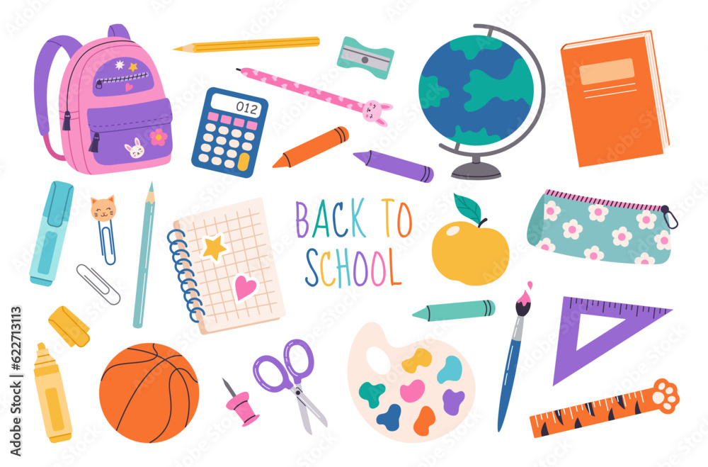 Set of school supplies. Back to school. Vector hand drawn illustration in a flat cartoon style. Cute school stickers. Various accessories for study, student equipment. Set of school supplies. Back to school. Vector hand drawn illustration in a flat cartoon style. Cute school stickers. Various accessories for study, student equipment.
