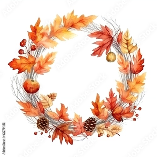 Watercolor Autumn Wreath on white background