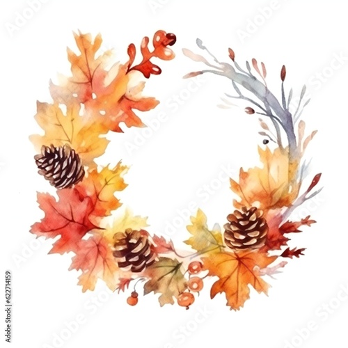 Watercolor Autumn Wreath on white background