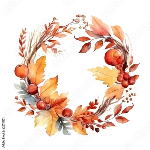 Watercolor Autumn Wreath on white background