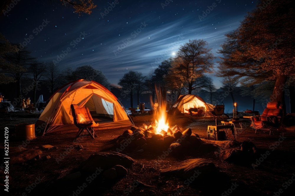 Nature's Theater: Vibrant Tents Amidst a Stellar Backdrop, Brought to Life by the Illuminating Flames of a Campfire Generative AI