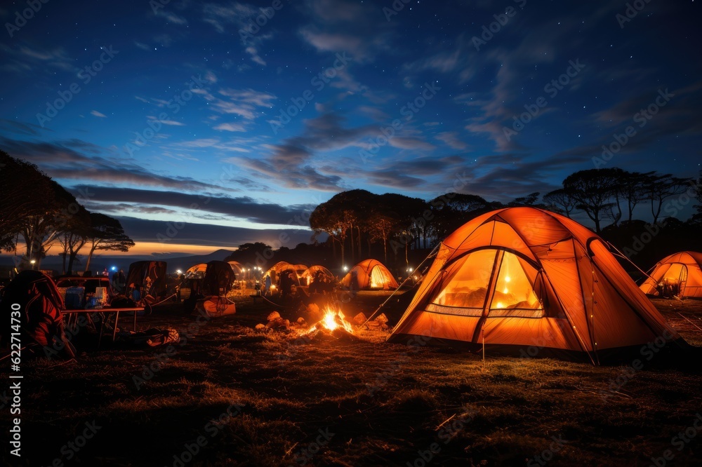 Radiant Camping Retreat: Vibrant Tents Resplendent under a Star-Studded Night Sky, Enhanced by the Radiant Glow of a Campfire Generative AI