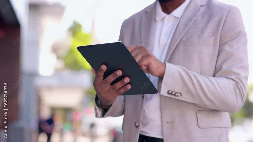 City, closeup and man with tablet, business and typing with connection, online reading and digital software. Male person, web designer and employee outdoor, website info and network with social media City, closeup and man with tablet, business and typing with connection, online reading and digital software. Male person, web designer and employee outdoor, website info and network with social media