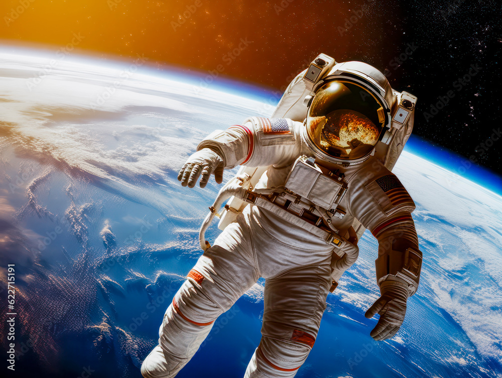 Fototapeta premium Astronaut schwebt im Weltraum, Erde im Hintergrund, Generative AI