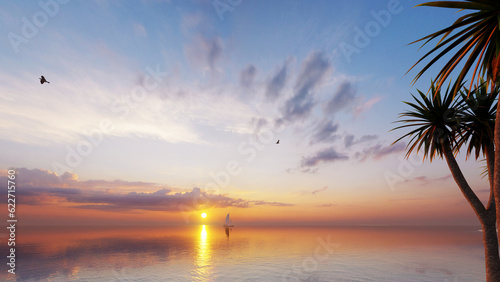Panorama of sea sunset, ocean sunrise, seascape. Inspirational calm sea with sunset sky. Meditation ocean and sky background. Colorful horizon over the water.